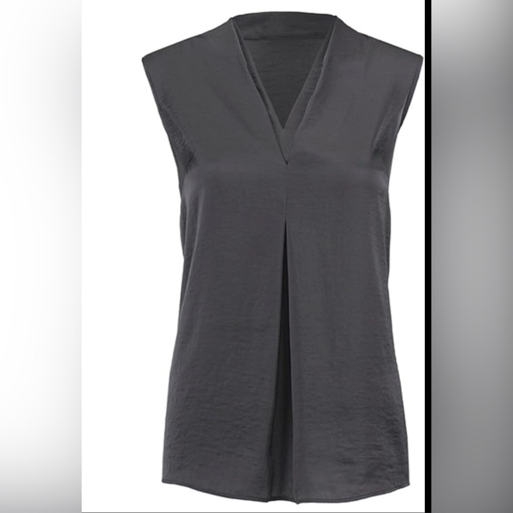 CAbi Sleeveless V-Neck Pleated Shell in Charcoal Gray